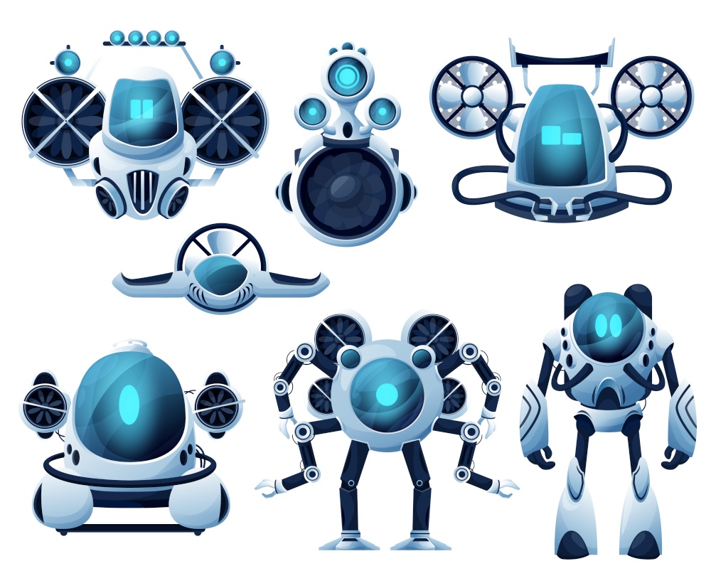 Underwater robot and ROV cartoon characters. Vector robot bathyscaphe and submarine, autonomous and unmanned underwater vehicles with manipulator arms and propellers, sea exploration manipulators. Underwater robot and ROV cartoon characters