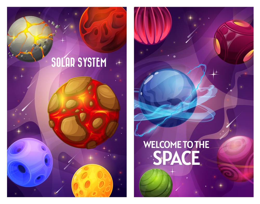 Space and planets, fantasy galaxy sky and universe, vector cartoon game world of aliens. Space futuristic solar system planets with asteroids, moon craters and fantastic cosmic meteors, purple poster. Space fantasy, cartoon galaxy planets universe sky