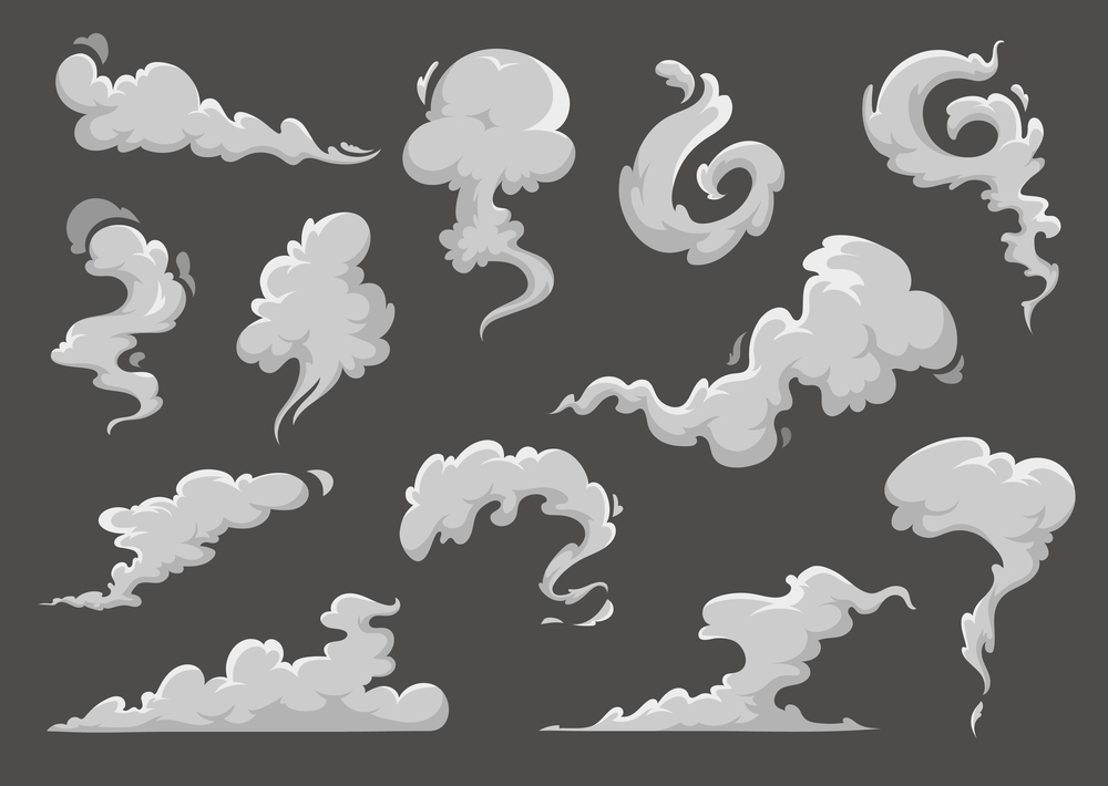 Cartoon clouds, steaming smoke and steam flows. Vector comic book explosion clouds, smoke puffs and speed dust trails, smog or vapor air flows and fog or fume swirls on dark background. Cartoon clouds, steaming smoke and steam flows