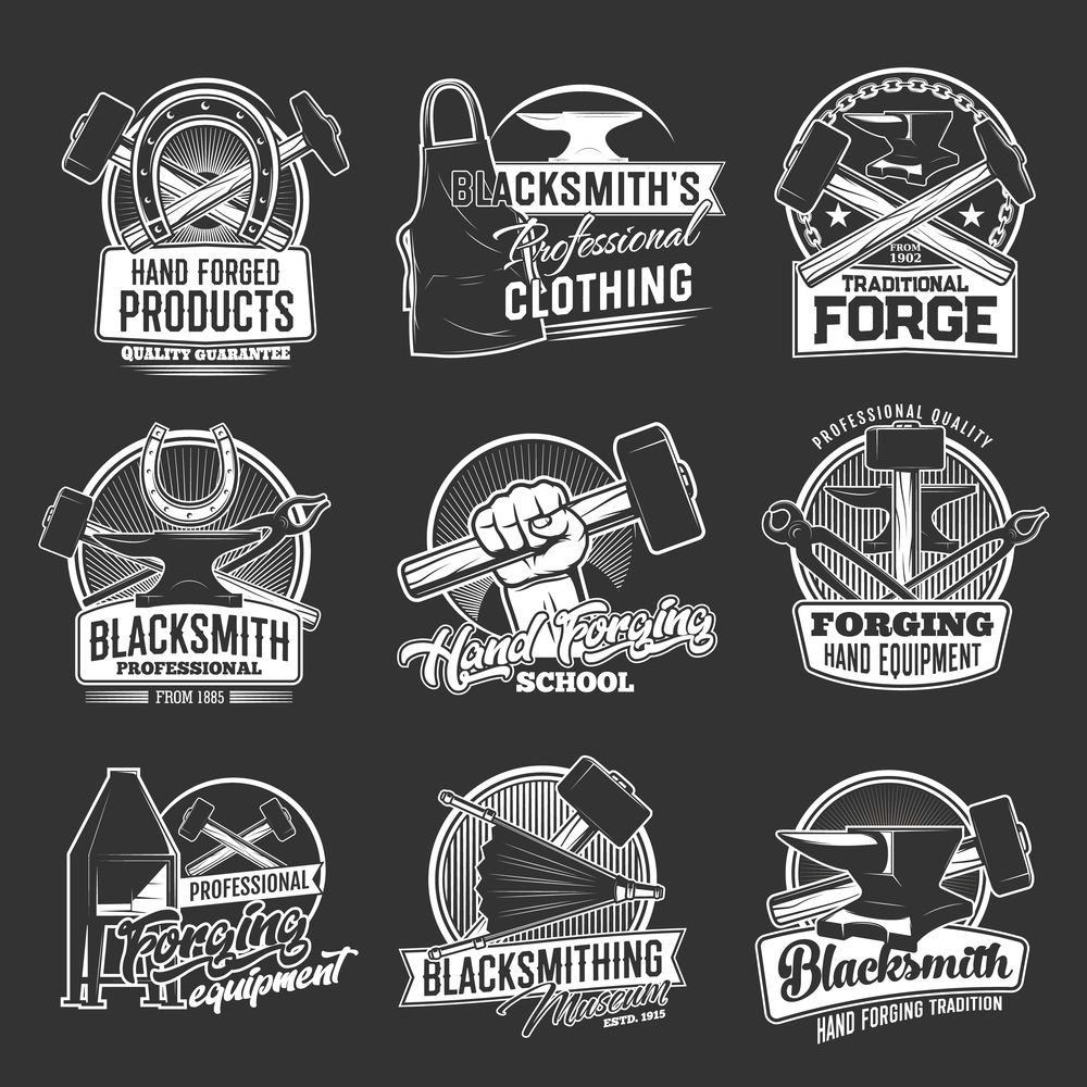 Blacksmithing and forging tools, equipment and clothing shop vector icons. Blacksmith workshop, ironwork vintage emblem. Sledgehammer in men hand, horseshoe and anvil, pliers and tongs, bellows, apron. Blacksmithing shop, forging isolated vector icons