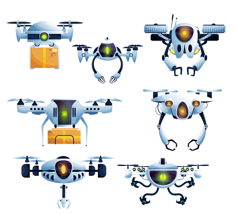 Flying robot, droid drone and copter cartoon characters. Vector aircraft. Unmanned aerial vehicle robots and helicopters with cameras and propellers, military surveillance and package delivery. Flying robot, droid drone and copter characters