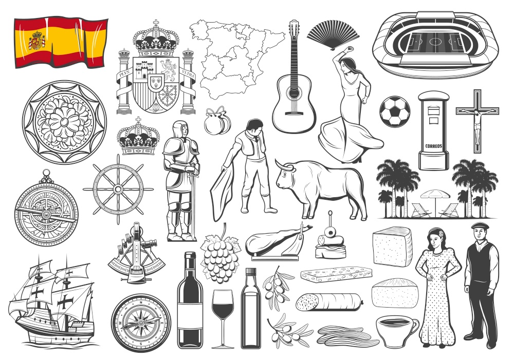 Spanish travel icons and symbols, vector map and flag, Barcelona and Madrid landmark icons. Spain flamenco and olives , food paella and bull corrida, guitar and caravel, coat of arms and wine. Spanish travel icons. Symbols, map and flag