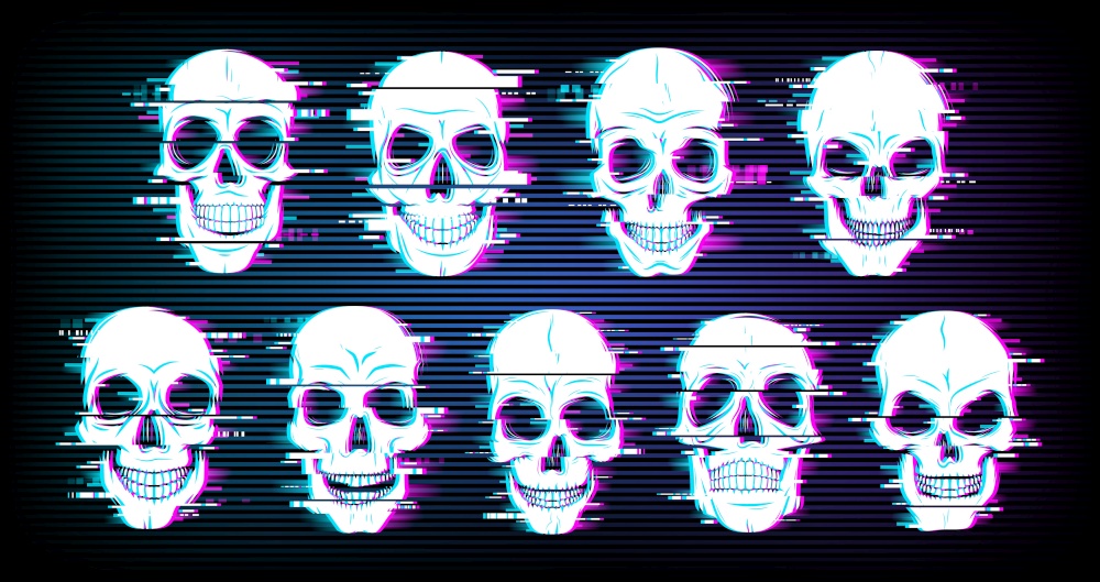 Glitch skulls vector distorted neon glowing pixelized craniums or jolly roger. Trippy digital art, horror, dead heads on black background. Television messy distortion or vhs tape glitch effect. Glitch skulls vector distorted neon glow craniums