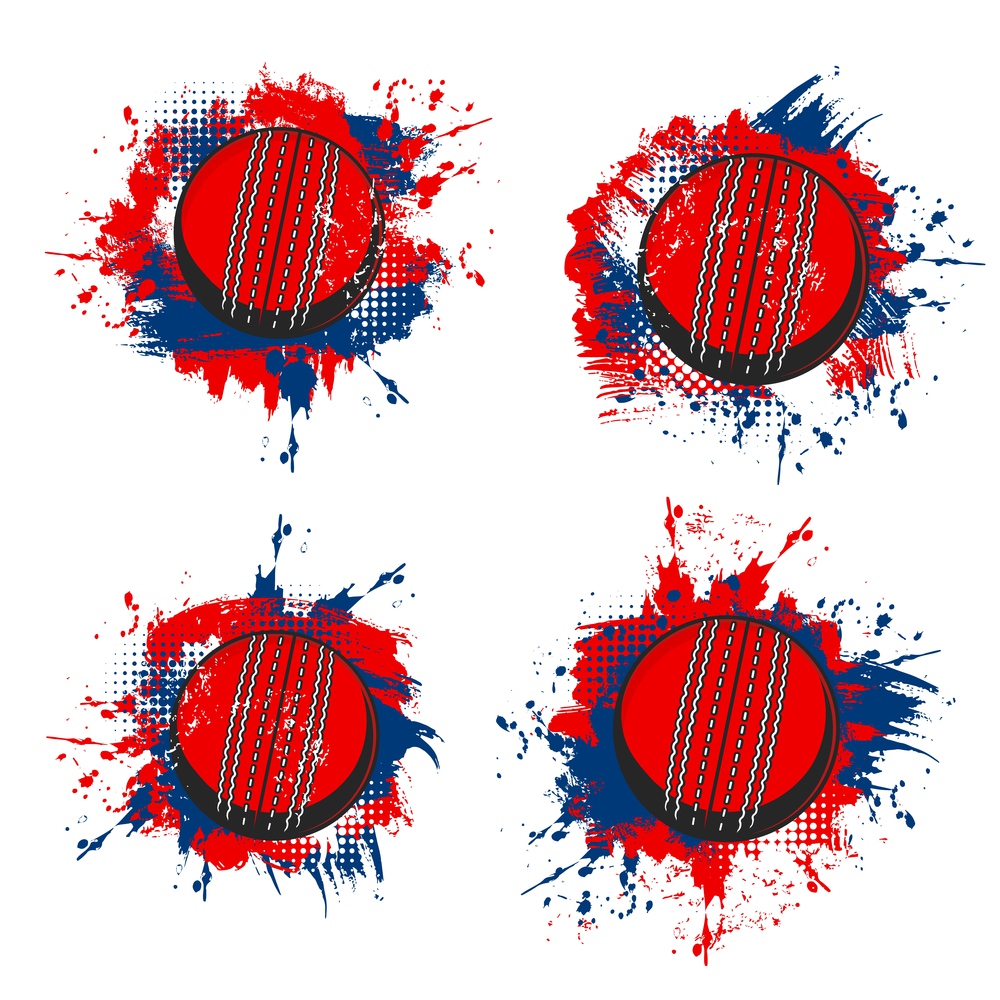 Cricket balls, vector sport equipment grunge banners with red and blue paint splashes, brush strokes and halftone pattern. Cricket game balls of sporting competition or sport club. Cricket ball, sport equipment grunge banners