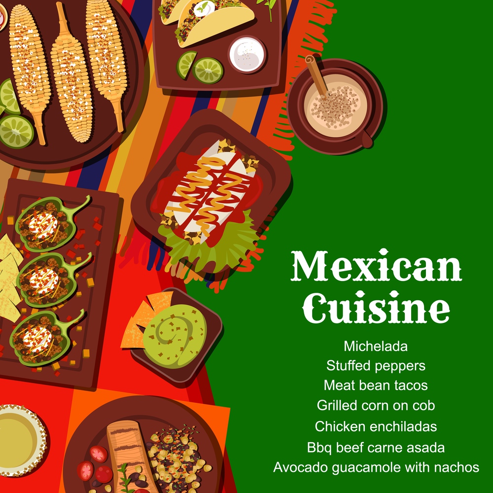 Mexican cuisine food menu vector cover. Meat and bean tacos, chicken enchiladas and grilled corn, Carne Asada beef, avocado guacamole and stuffed peppers, coffee or cacao, michelada. Mexican cuisine meals menu cover