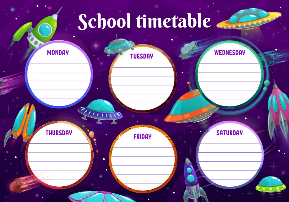 Kids education school timetable vector shedule with space ufo and meteors. Kids time table or schedule for lessons with alien spaceships in universe, cartoon weekly planner with cosmic galaxy rockets. Kids education school timetable with ufo