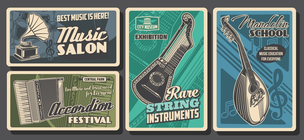 Music instruments posters retro, concert festival and orchestra, classic and folk music sound, vector. Rare music instruments salon shop and museum, accordion festival and folk music school. Music instruments posters retro, concert festival