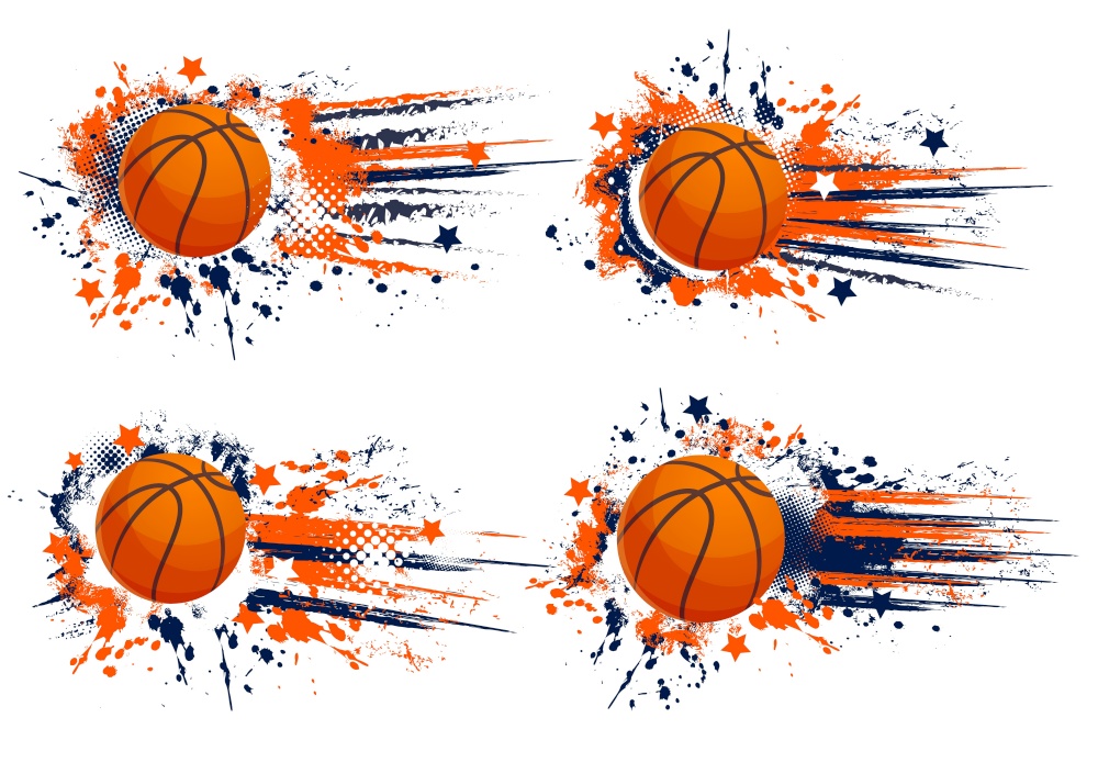 Orange basketball vector sport grunge banners. Game competition, team club and championship. Rubber balls of basketball player equipment on blue and orange grunge background with paint splashes, stars. Orange basketball sport grunge banners