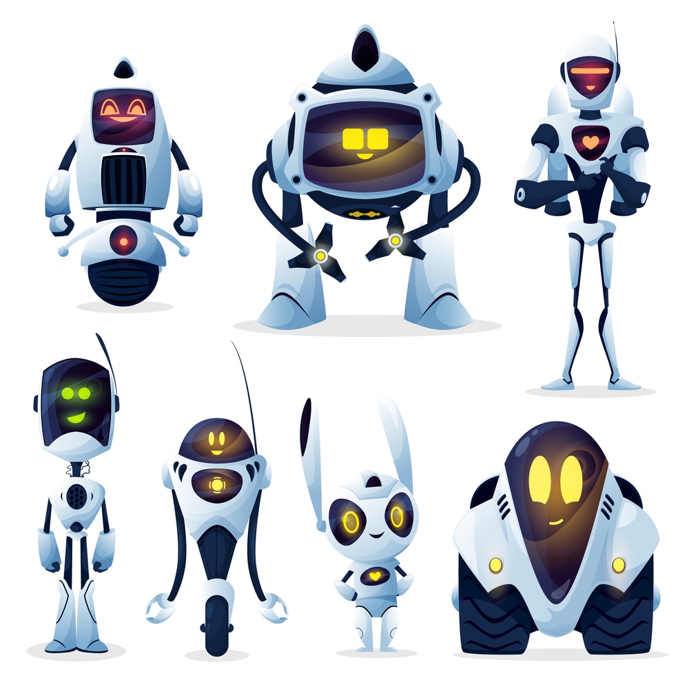 Robots and android bots, cartoon toy characters, vector AI cyborgs. Robot cyborg machines with digital artificial intelligence and mechanical arms, computer game robotic droid creatures on wheels. Robots cartoon characters, android and cyborgs