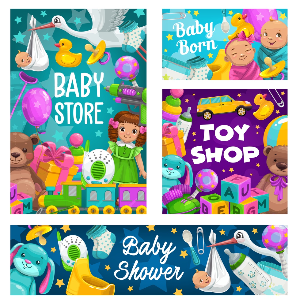 Baby shower, toys shop, kids store cartoon vector. Newborns and diaper, apparel, baby monitor and rubber duck, feeding bottle and soft bear. Cubes, gifts, socks and nipple children stuff posters. Baby shower, toys shop, kids store cartoon vector