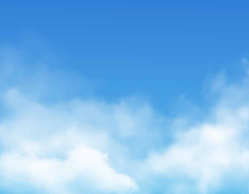 Clouds on blue sky background realistic vector. White fluffy cumulus clouds, rain fog and mist on bright heaven, 3d cloudscape backdrop or border of weather, climate and nature, meteorology. Clouds on blue sky background, realistic vector