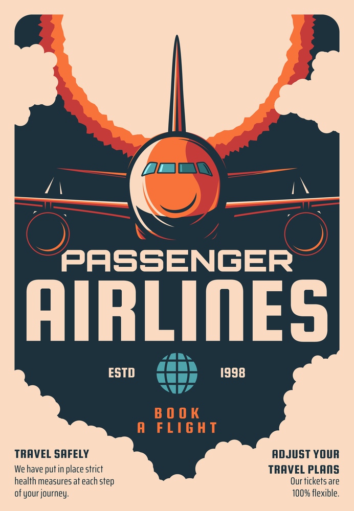Passenger airlines flights booking service retro poster. Modern airliner, jet airplane flying in sky clouds front view engraved vector. International flights tickets offer promo vintage banner. Passenger airlines booking service retro poster