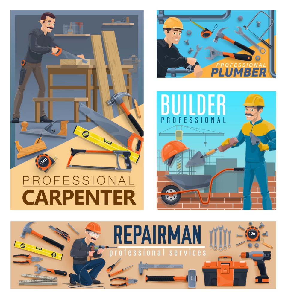 House repair and constructions workers, tools. Vector. Carpenter cutting wood in workshop, plumber with wrench and bricklayer laying brick wall with trowel, repairman with drill and construction tools. House repair and constructions workers, tools