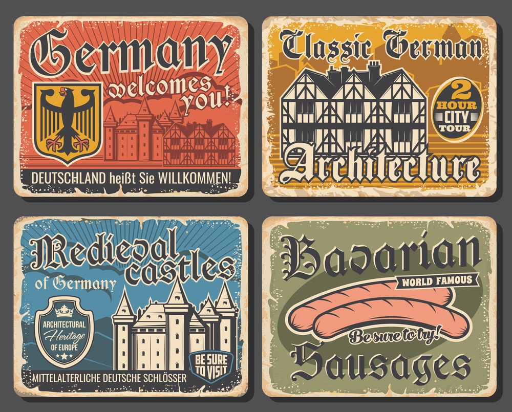 Vintage plates of Germany architecture, bavarian sausages. German touristic attractions, travel landmarks vector tin signs. Germany tours plate with castle, half-timbered house and bavarian food. Germany travel scratched metal plates