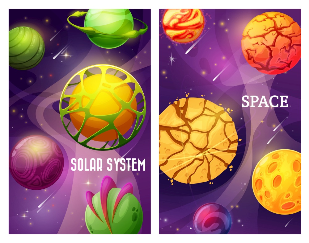 Fantasy space galaxy, cartoon vector alien world planets with stars and satellites. Planets with cracks, craters and lava on surface, extraterrestrial life home, stars and meteors. Space posters. Fantasy space galaxy, cartoon vector alien planets