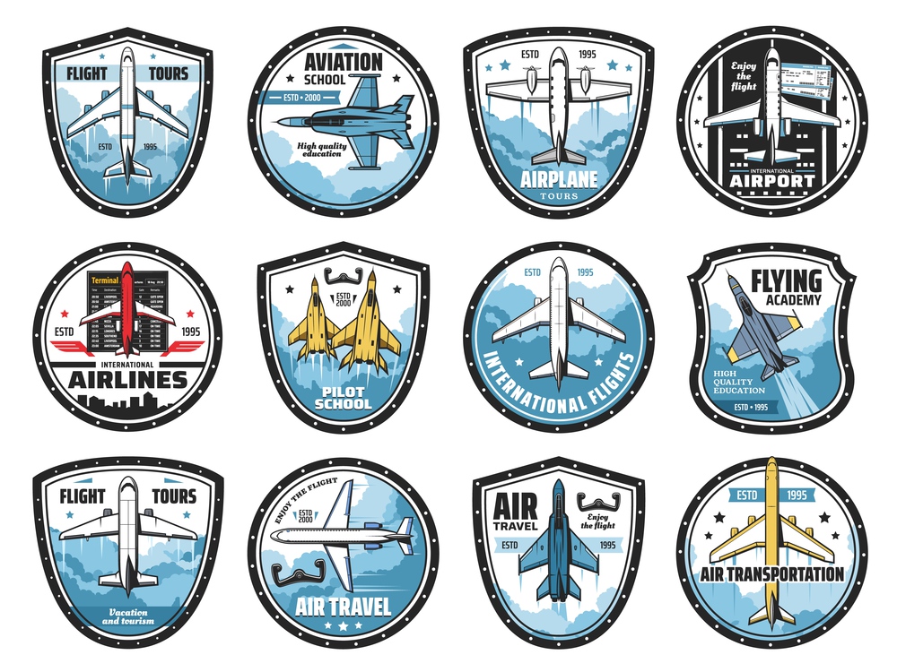 Aviation and airplanes vector icons. Modern planes flying in sky, flight tours. Transportation, aviation school and airports. Airlines service and flights, aviators and fliers academy symbols. Aviation and airplanes vector icons