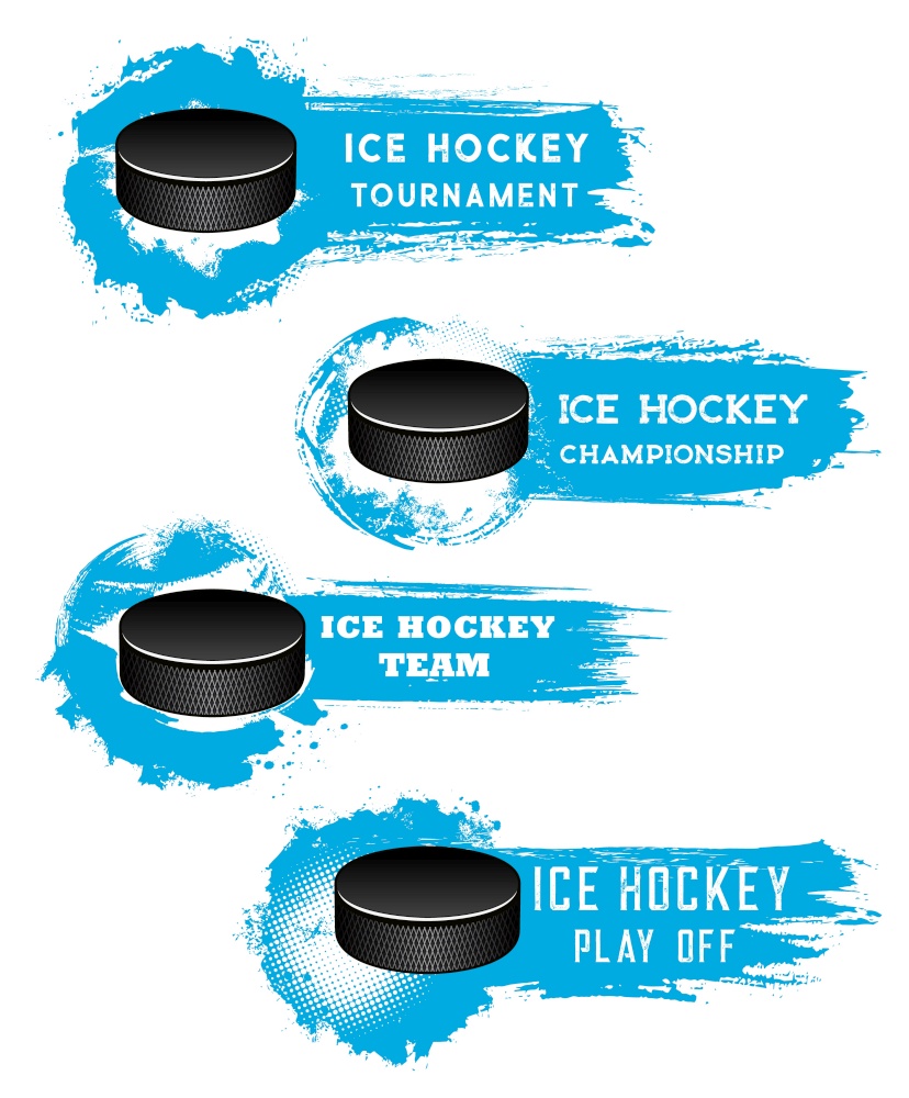 Ice hockey banners, puck on ice arena, match cup vector halftone backgrounds. Ice hockey sport club badges, tournament or championship banners with puck goal in blue paint splash. Ice hockey puck, sport halftone grunge banners