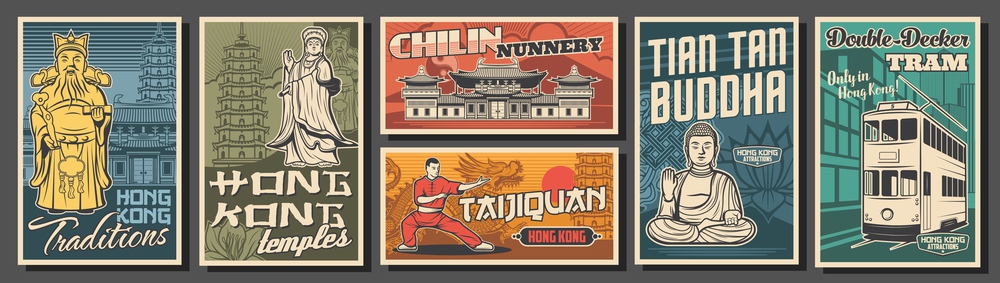 Hong Kong travel, landmarks, culture and religion vector retro posters. Vector sea Goddess, Chi Lin nunnery and Great Buddha statue, Taijiquan kung fu master, double-decker tram and pagoda tower. Hong Kong travel landmarks, religion and culture