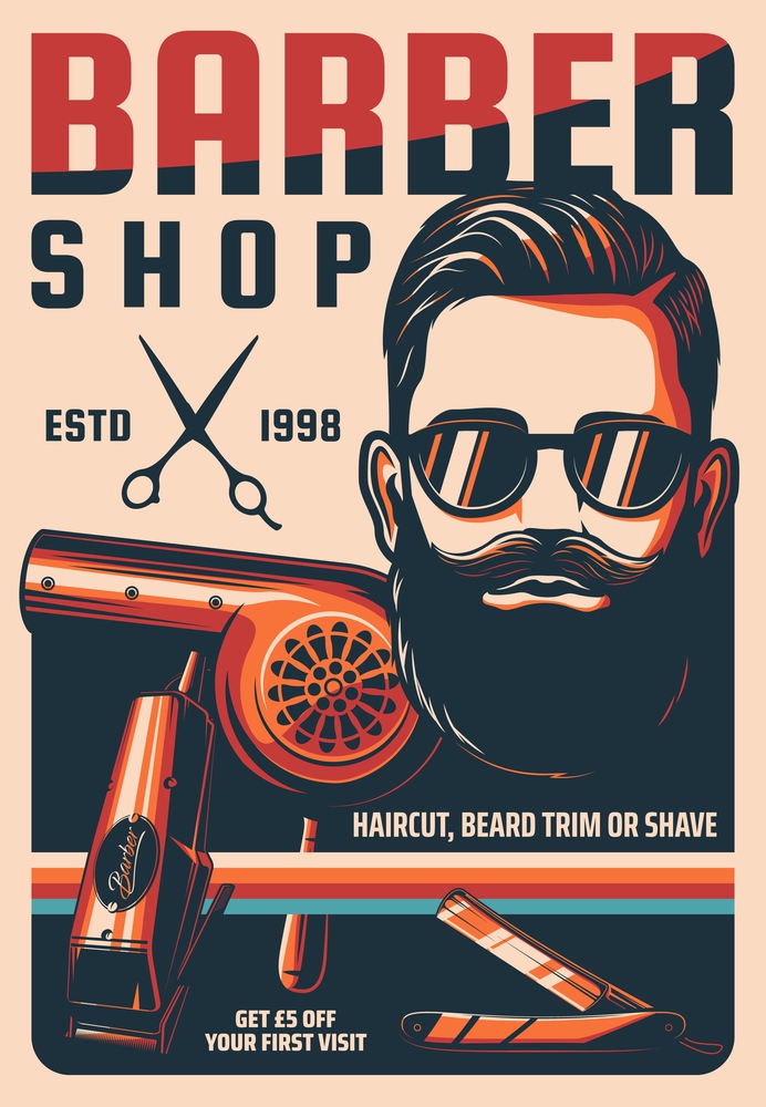 Barbershop, man hairdresser saloon vintage vector poster. Man haircut, beard trim or shave retro banner. Bearded hipster with handlebar mustaches, scissors and straight razor, hair dryer and clipper. Barbershop retro banner with hairdresser tools