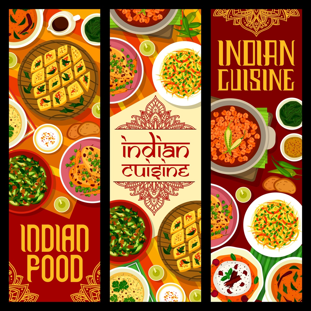 Indian cuisine food with meat and vegetable curry vector banners. Corn soup, cabbage salad and cake, chicken, lentil, chickpea and okra curry, kulfi ice cream dessert and green chutney sauce. Indian cuisine food with meat and vegetable curry