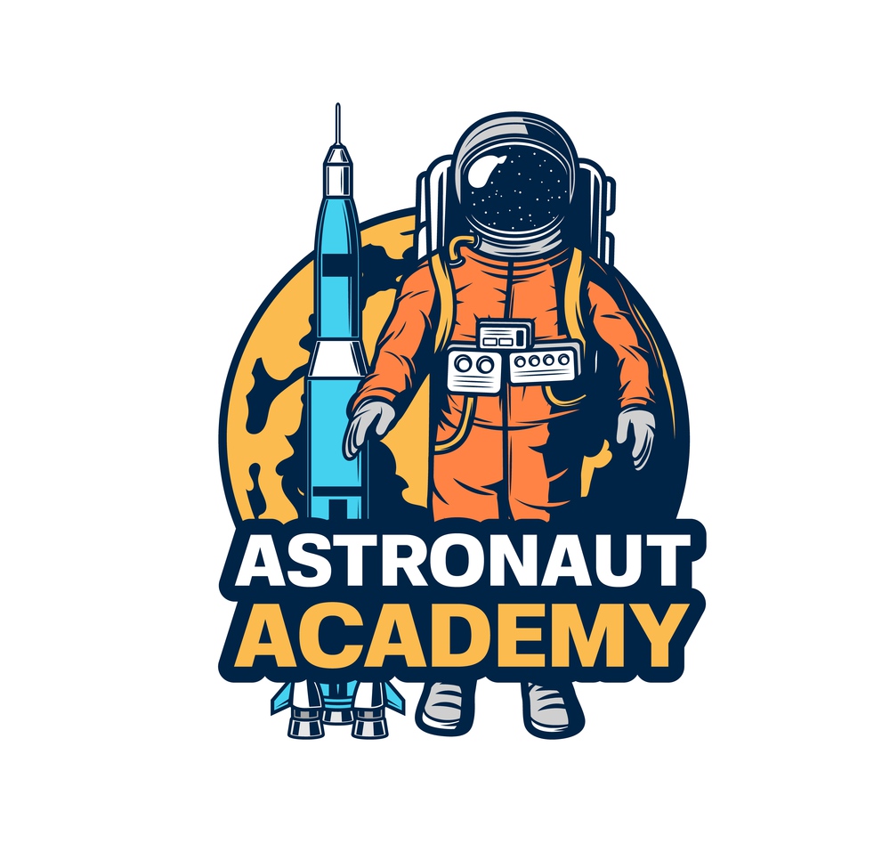 Astronaut academy icon. Vector spaceman in spacesuit, rocket spaceship and planet. Space discovery and galaxy exploration program, cosmonaut, spaceman or astronaut training center emblem. Astronaut academy, spaceman training center icon