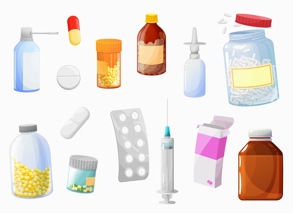 Cartoon pills, drugs and medicaments vector of pharmaceutical packaging. Package, bottle, box and blister of pills and capsules and syringe, syrup jar, nose and throat spray isolated objects. Cartoon pills, drugs and medicaments packaging