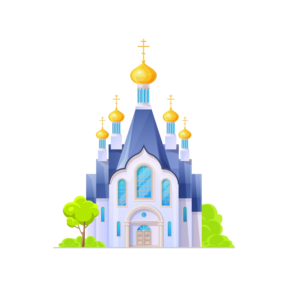 Orthodox church or temple building icon, Christianity cathedral, vector architecture. Orthodox church or chapel with golden cupola dome and crucifix cross, Christian religious architecture building. Orthodox church or temple cathedral, Christianity