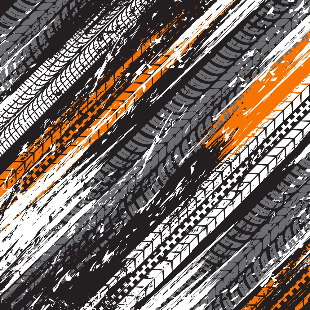Tire tracks vector background with grunge prints of wheel tyre marks on dirt road. Offroad race or rally sport motorcycle, truck, motor bike or car tire tread pattern, vehicle traces backdrop design. Tire tracks grunge vector background, offroad