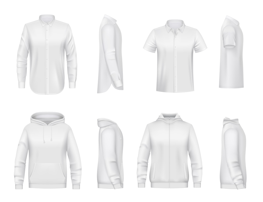 Man clothing, white shirt with long and short sleeves, hoodie realistic vector mockup. Hooded sweatshirt with zipper and pockets, classic cotton or linen shirt. Men casual wear, apparel mock-up. Man clothing, white shirt and hoodie vector mockup
