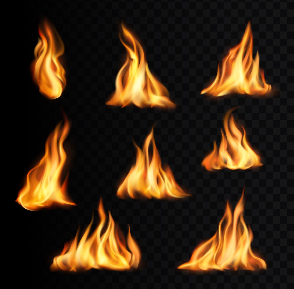 Burning fire flames and trails, campfire vector tongues. Torch flames, bonfire glow orange and yellow shining flare blaze realistic 3d effect, inferno ignition tongues set isolated on black background. Burning fire flames and trails, campfire tongues