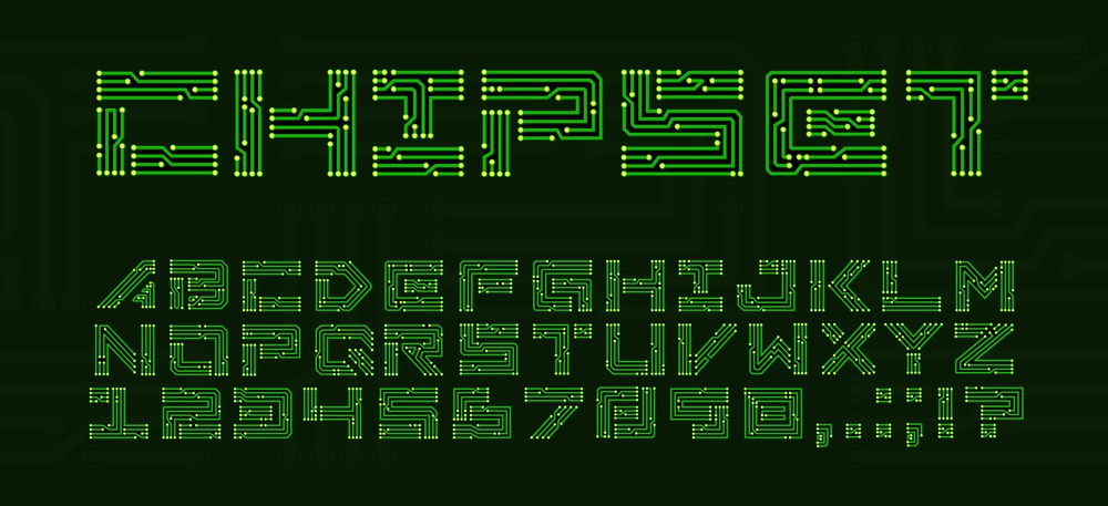Chipset font with circuit board letters. Techno ABC with electronics motherboard, digital network font and type, computer technology, virtual and futuristic typography letters, digits and symbols. Chipset font with circuit board letter