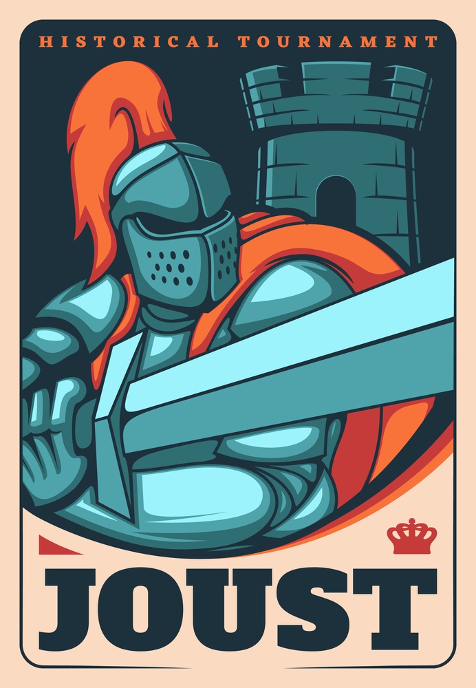 Medieval knights joust poster, vector vintage card with heraldic warrior holding sword. Ancient guard with blade in armour and red cape attack. royal knight in helmet with plumage, ancient soldier. Medieval knights joust poster, heraldic warrior