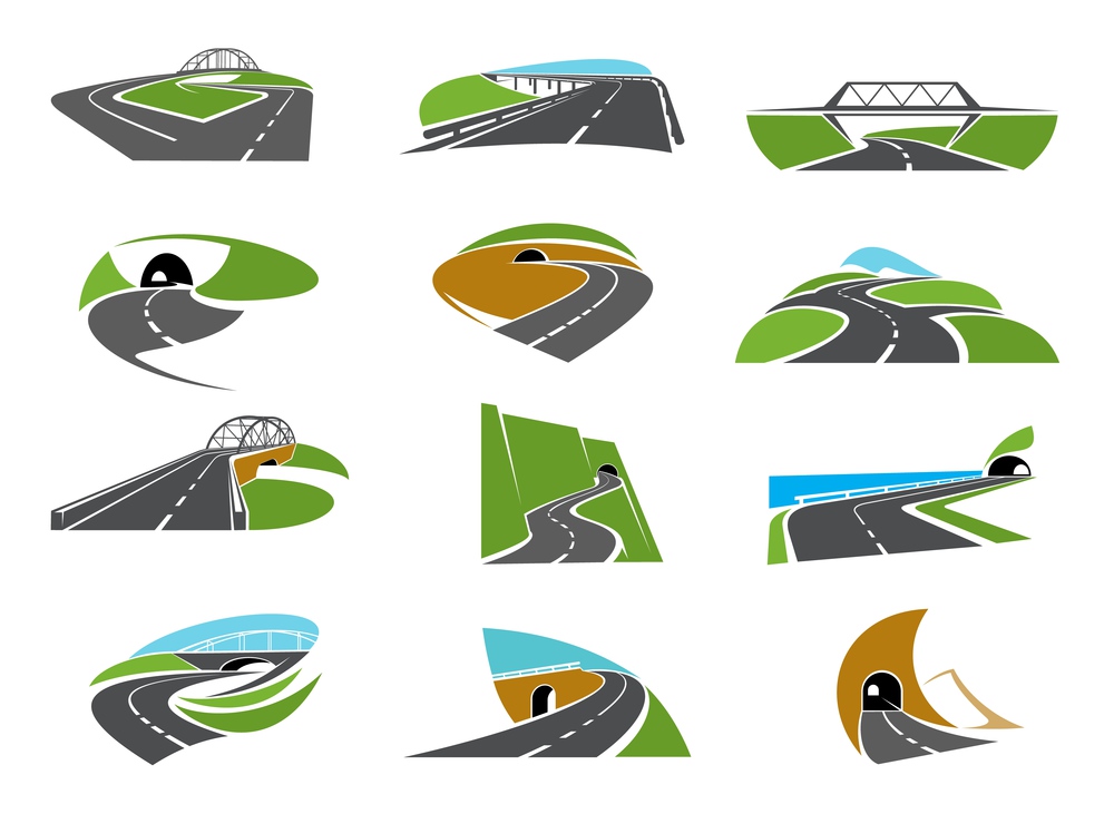 Highway, pathway road icons with bridge, crossroads and tunnel. Asphalt motorway, vector winding in mountain freeway with road intersection and turns. Transportation industry, travel or race symbols. Pathway, highway road icons with bridge and tunnel
