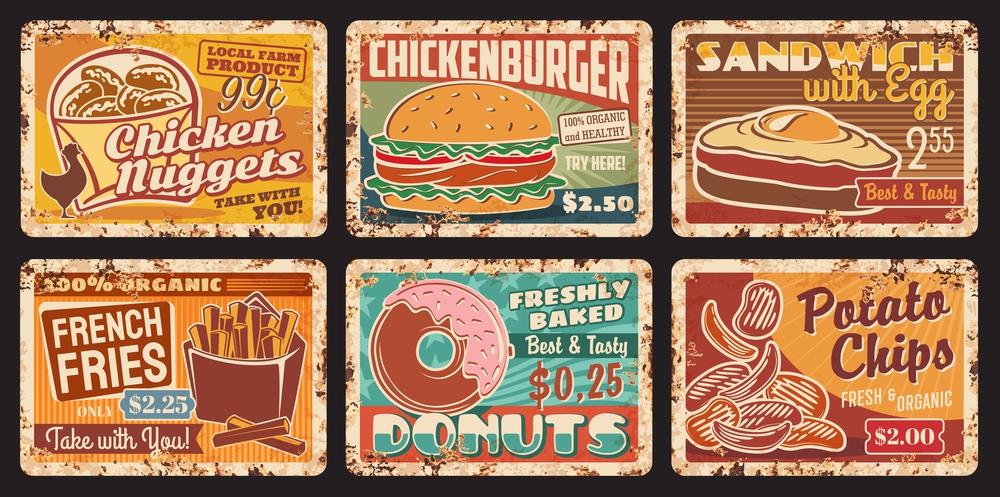 Fast food snacks rusty metal plates, vector french fries, sandwich fried eggs, chicken nuggets or donut and burger with potato chips vintage rust tin signs. Street food, junk meals retro posters set. Fast food snacks rusty metal plates vector set