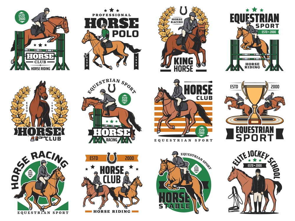 Equestrian sports, horse racing icons. Jokey riding stallion horse, jumping over obstacle, winner cup and horseshoe. Equestrian event, show jumping and jockey school, horse polo sport club emblems. Horse racing, equestrian sport and polo club icons