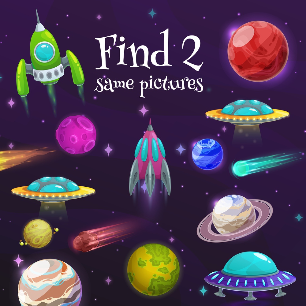 Cartoon kids maze game with vector spaceships and space planets. Find two same pictures task game, education puzzle, riddle or quiz on space background with spaceships, UFO ships or flying saucers. Cartoon kids maze game, spaceships, space planets