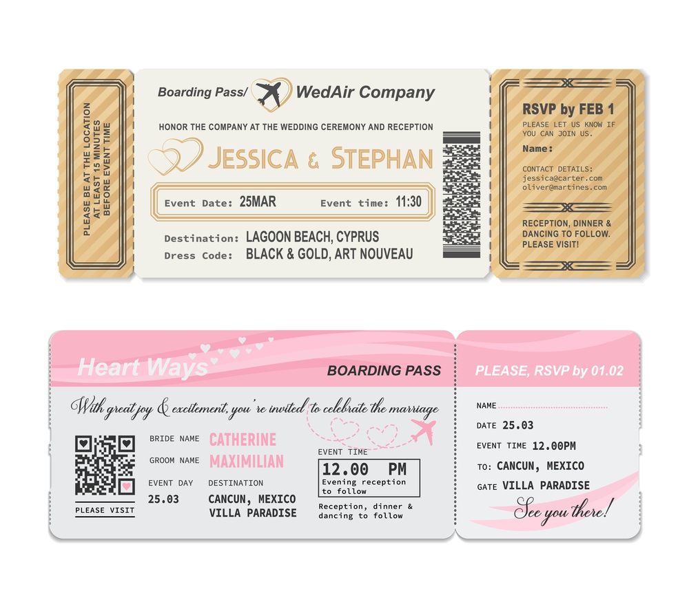 Boarding pass ticket, wedding invitation template to marriage party, vector. Wedding love gift, romantic travel flight ticket or boarding pass to honeymoon paradise, RSVP ceremony invitation card. Wedding invitation, boarding pass ticket template