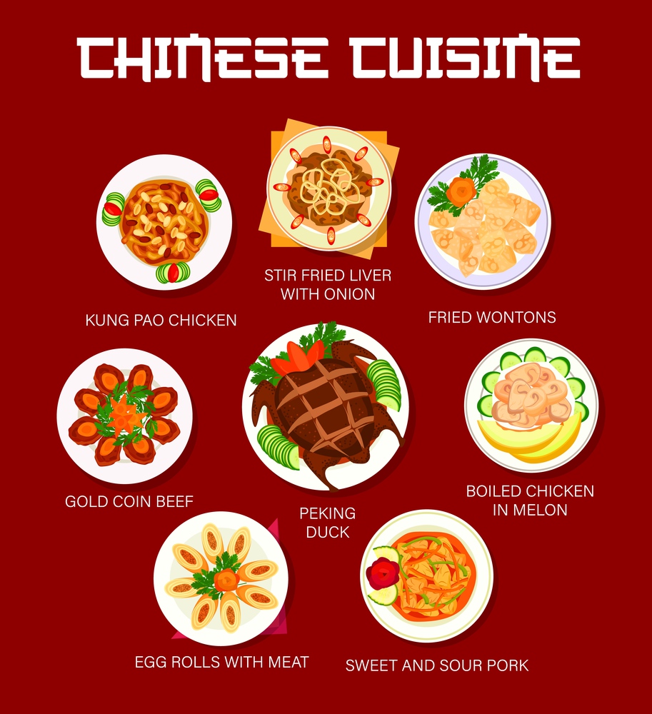 Chinese food and Asian cuisine menu dishes, vector lunch and dinner meals plates. Chinese cuisine traditional Peking duck with sweet and sour pork, fried wontons, egg rolls and Kung Pao chicken. Chinese cuisine food menu, Asian Peking duck dish
