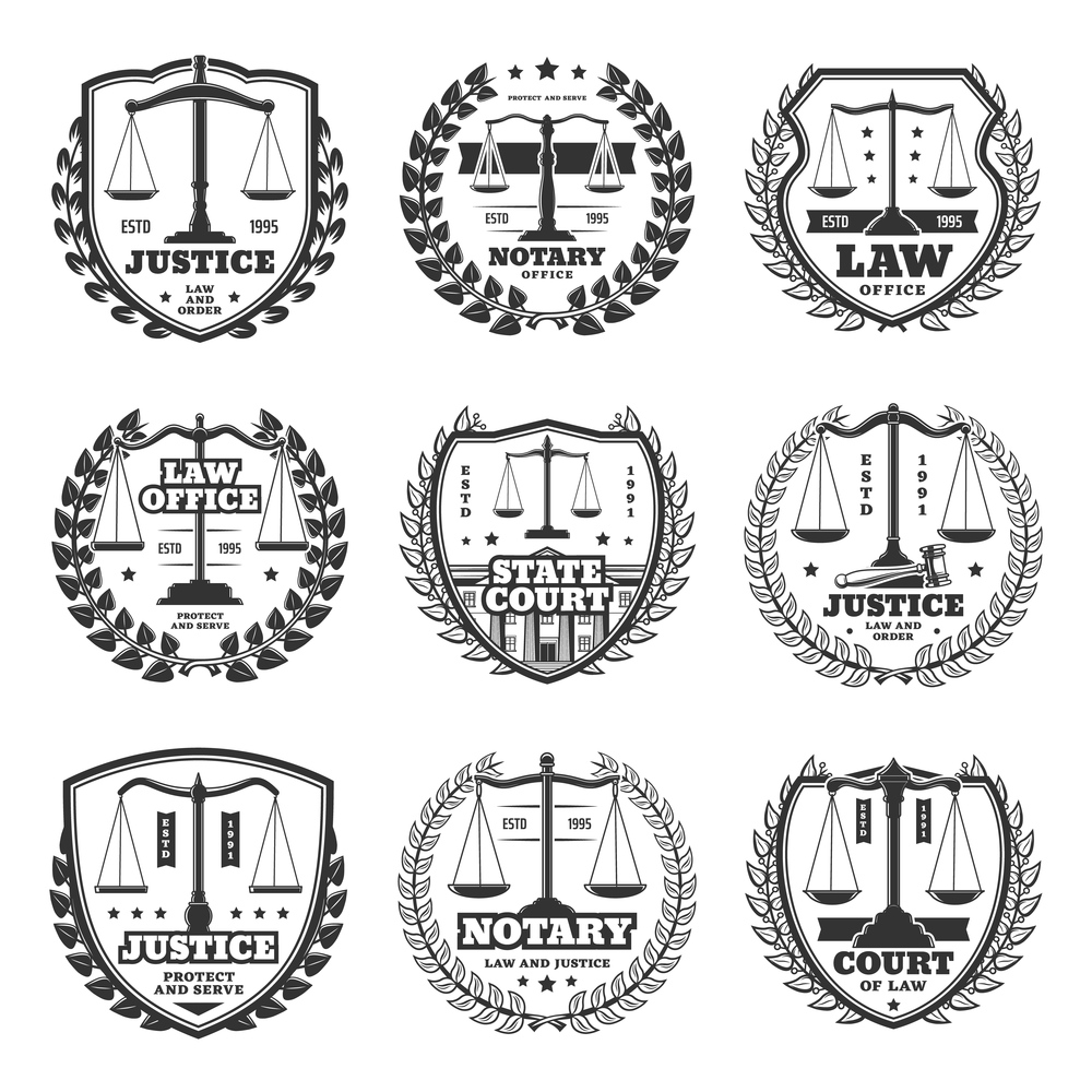 Notary office and court icons, justice service retro emblems and labels. Monochrome vector scales of justice symbol, court building and laurel wreath. Attorney or advocate firm round and shield emblem. Notary service and court office monochrome icons