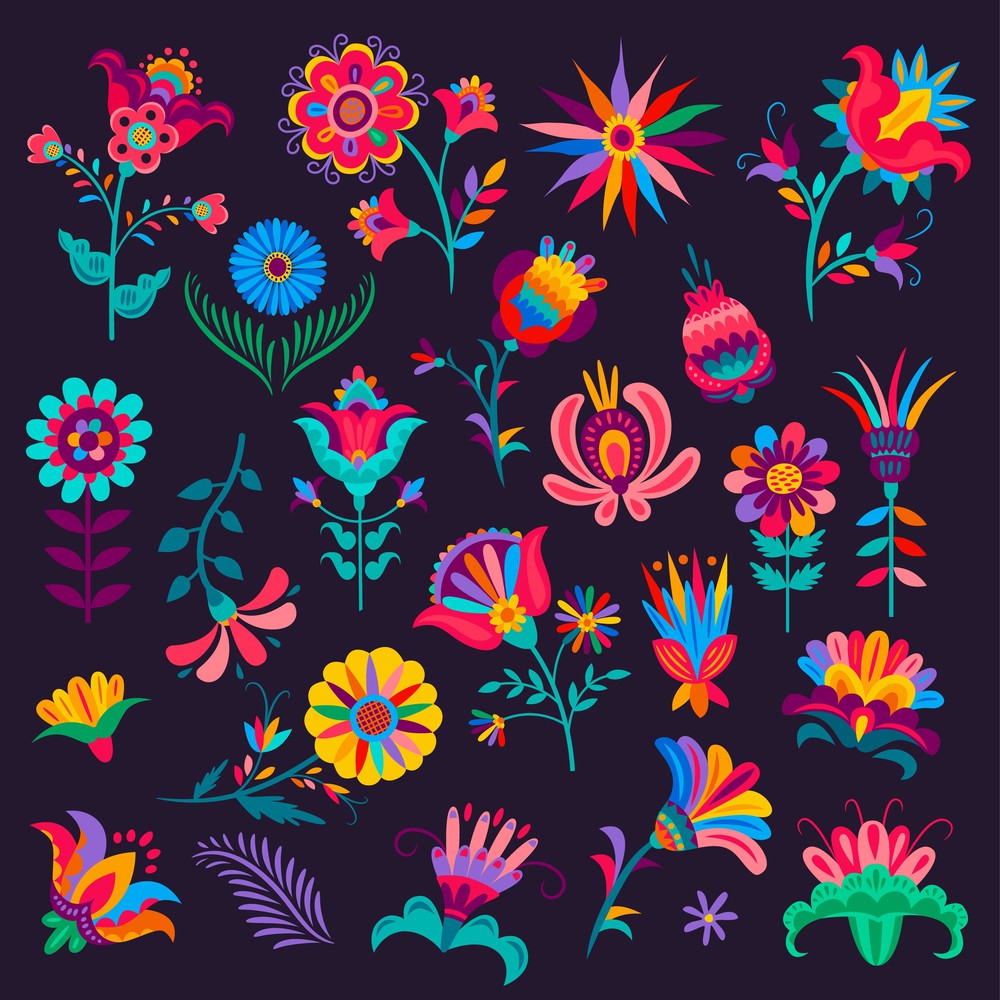 Cartoon mexican flowers, buds and blossoms, vector plants with colorful petals and stems, elements for Mexico Day of Dead Dia de los Muertos or Cinco de Mayo Festival Floral Design isolated set. Cartoon mexican flowers, buds and blossoms, vector