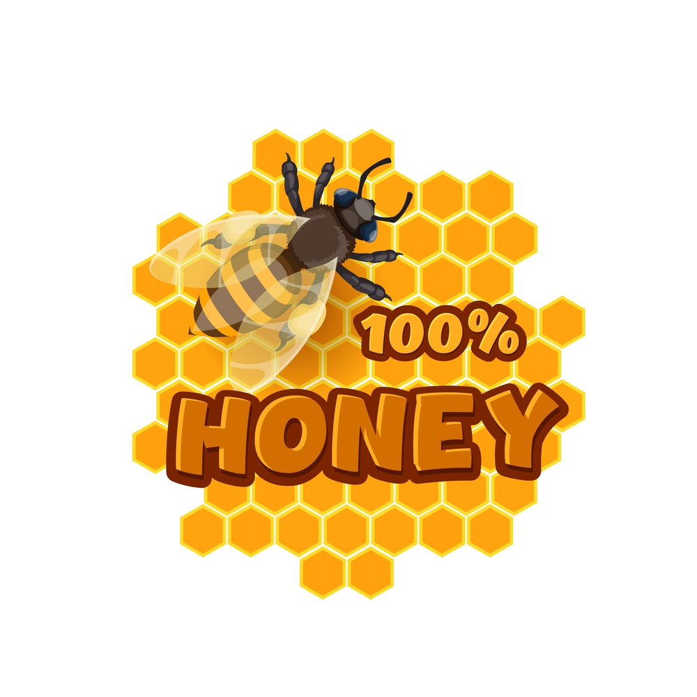 Cartoon honey and bee icon, apiary beekeeping production vector emblem with bee and honeycombs. Natural sweet food, organic nectar extraction, apiculture farm label isolated on white background. Cartoon honey and bee icon, apiary beekeeping