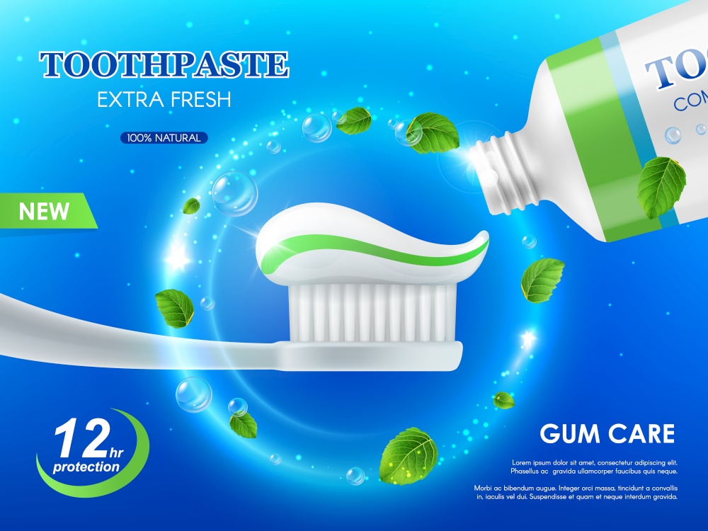 Whitening mint toothpaste and brush, gum care, teeth cleaning. Vector ad poster with paste on white toothbrush, spearmint leaves and tube. Extra fresh dental care product, plaque protection and repair. Whitening mint toothpaste and brush, gum care