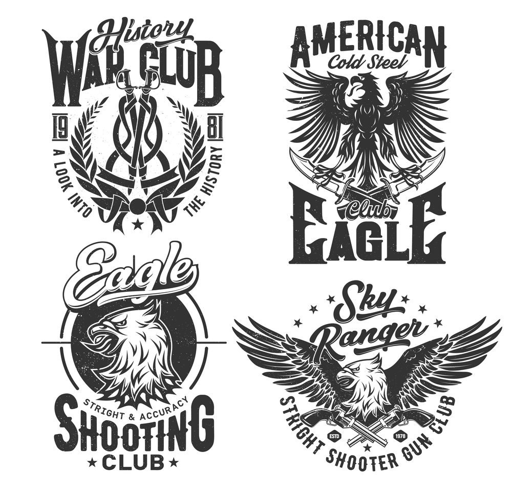 Eagle American t shirt print, club of shooting, vector emblem icons. Sky rangers and military shooting range club badges with gothic heraldic eagle bird with wings, history war club laurel and swords. Eagle American t shirt print, shooting ranger club