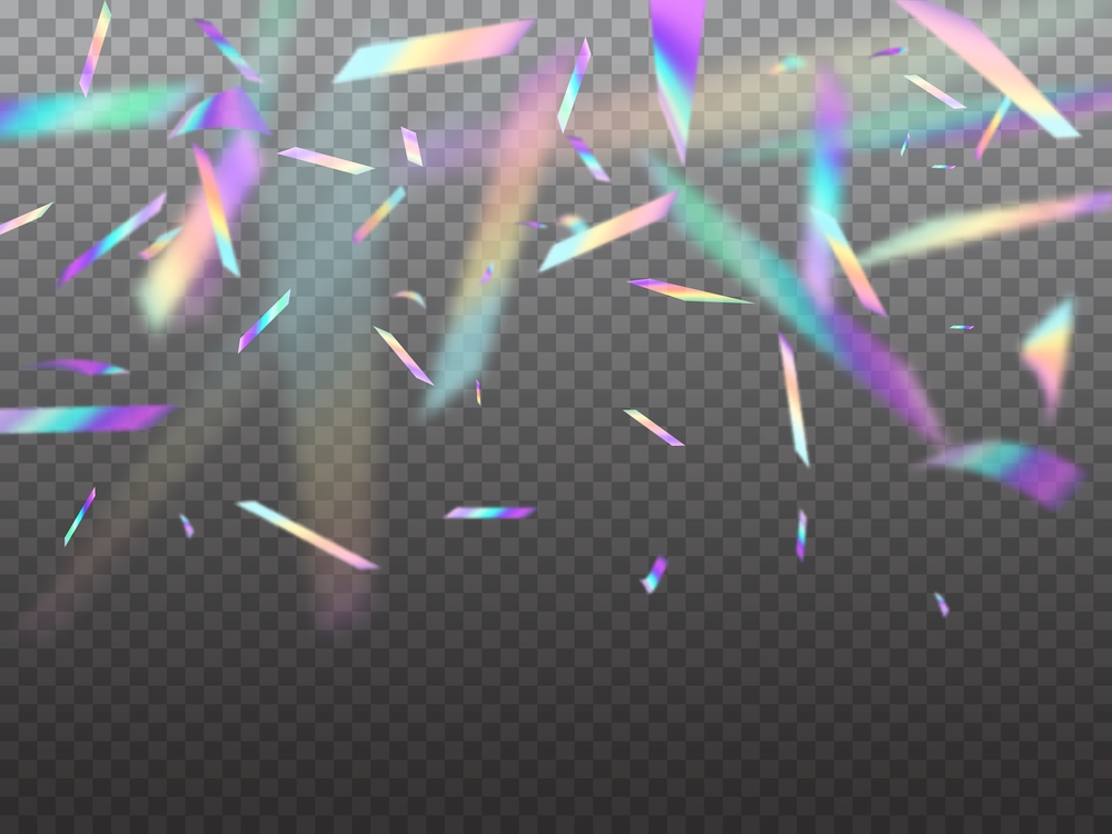 Holographic falling confetti glitters with bokeh light. Vector hologram iridescent foil fall from above isolated on transparent background. Rainbow festive tinsel with glare for holiday celebration. Holographic falling confetti glitters with bokeh