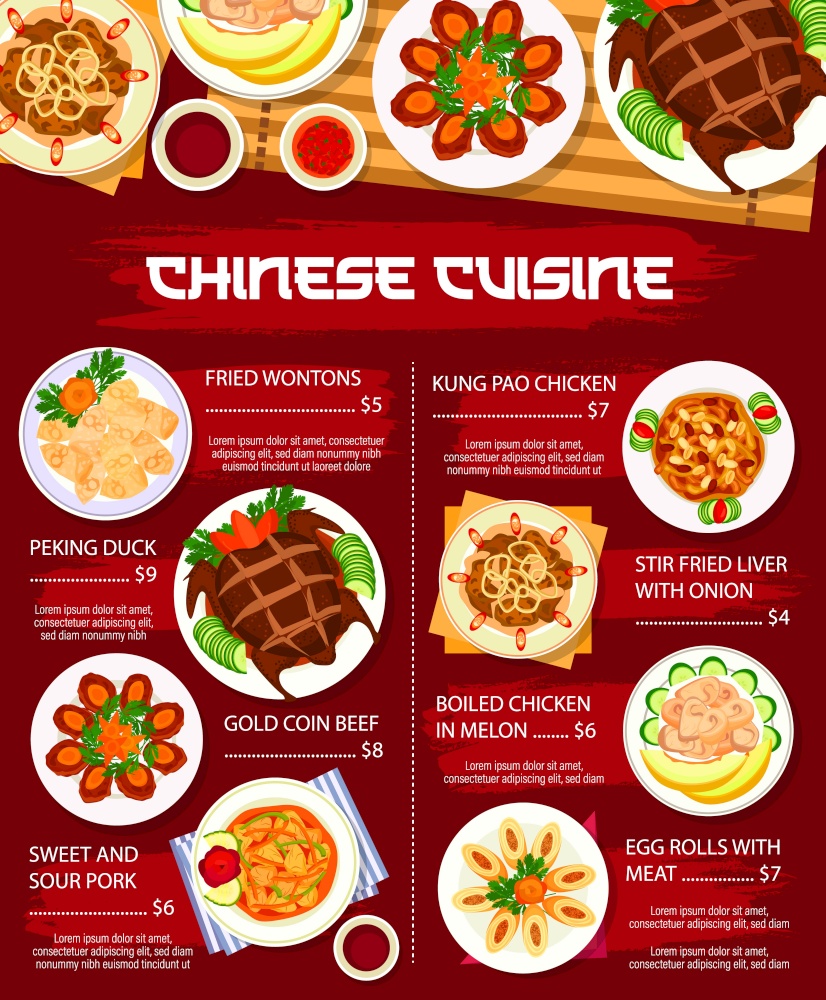 Chinese cuisine food, Asian menu dishes lunch and dinner vector restaurant meals poster. Chinese cuisine traditional Peking duck and wonton dumplings, chicken with sweet and sour pork and beef. Chinese food menu, restaurant lunch, dinner poster