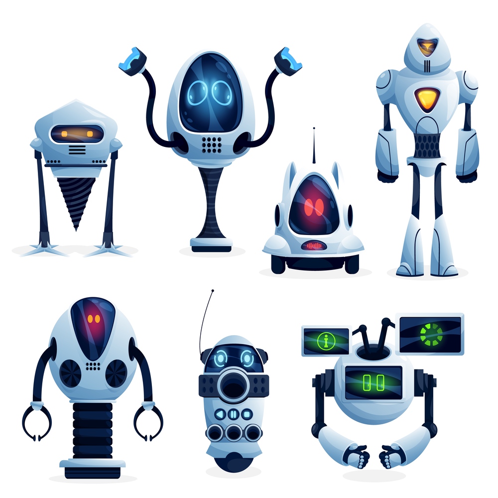 Cartoon future robots, industry robotic workers characters. Vector androids on wheels, droids with clenches hands and drill, machine assistant with AI, toy or alien models with glowing neon light eyes. Robot, future android and bot cartoon characters