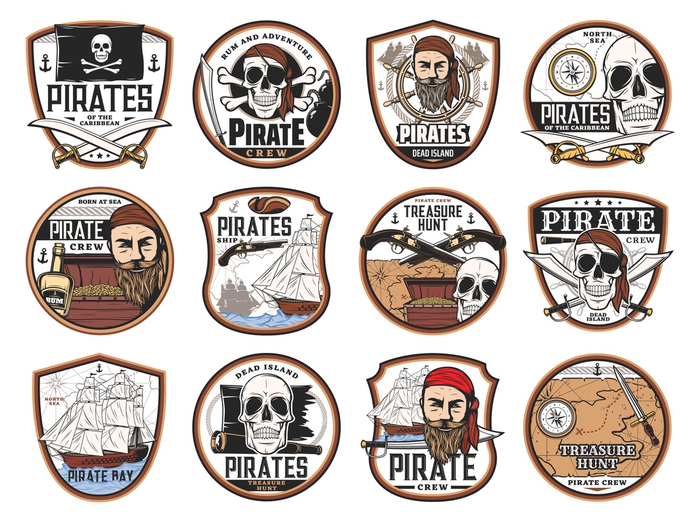 Pirate and corsair icons with vector skulls, captains, ships, treasure map and chest. Pirate black flags, eye patches, guns and swords, sail boat, helm, compass, rum and spyglass isolated badges. Pirate and corsair icons, skulls, captains, ships