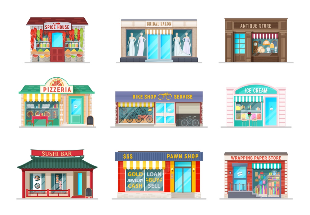 City street shops cartoon buildings. Vector spice house, bridal salon and pizzeria cafe, antique store, bike service and ice cream gelateria, sushi bar, pawn shop and wrapping paper store facade. Street shops and stores cartoon vector buildings