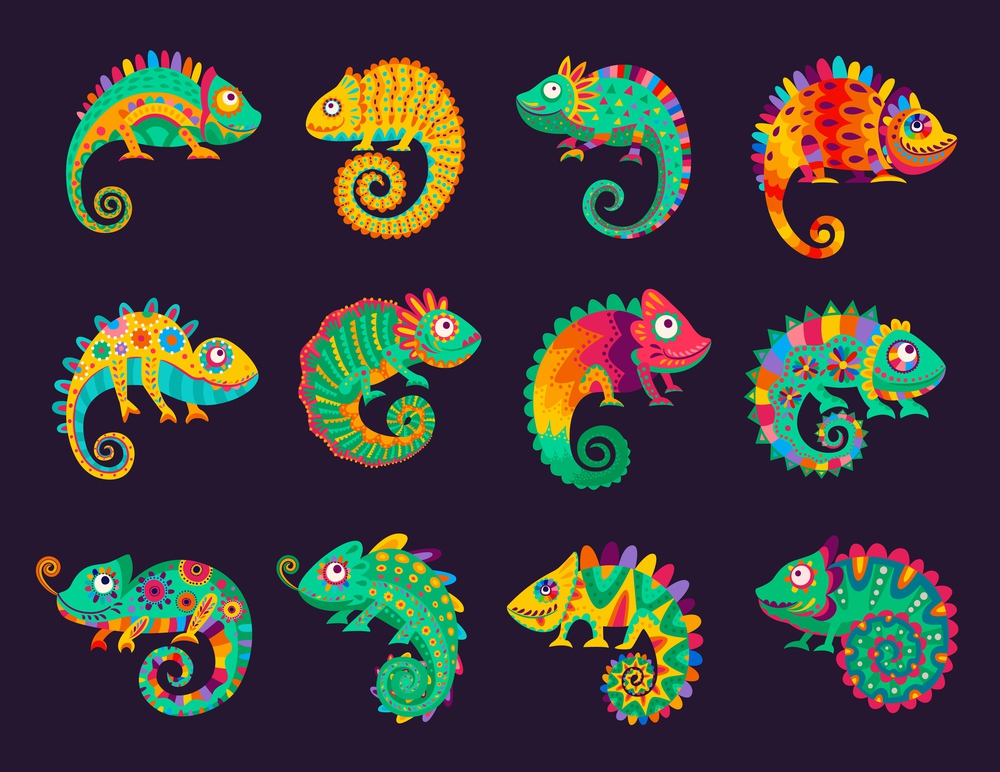 Cartoon mexican chameleons, vector lizards with ornate colorful skin, long curvy tail, tongue and telescopic eyes. Wild animal, pet, exotic tropical reptile for Cinco de Mayo or Dia de Los Muertos. Cartoon mexican chameleons, vector lizards set