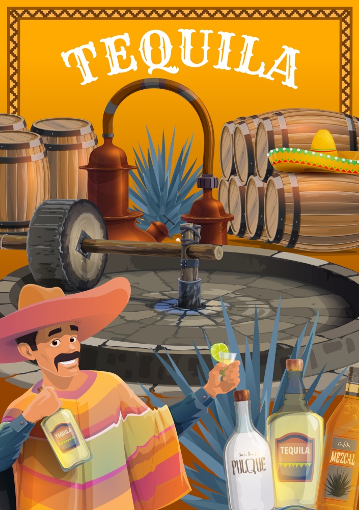 Mexican tequila drink production. Cartoon vector man in sombrero and poncho, drinking tequila with lime, blue agave plant, tahona mill and pot still, barrels, mezcal, tequila and pulgue bottles. Tequila and other agave drink production process